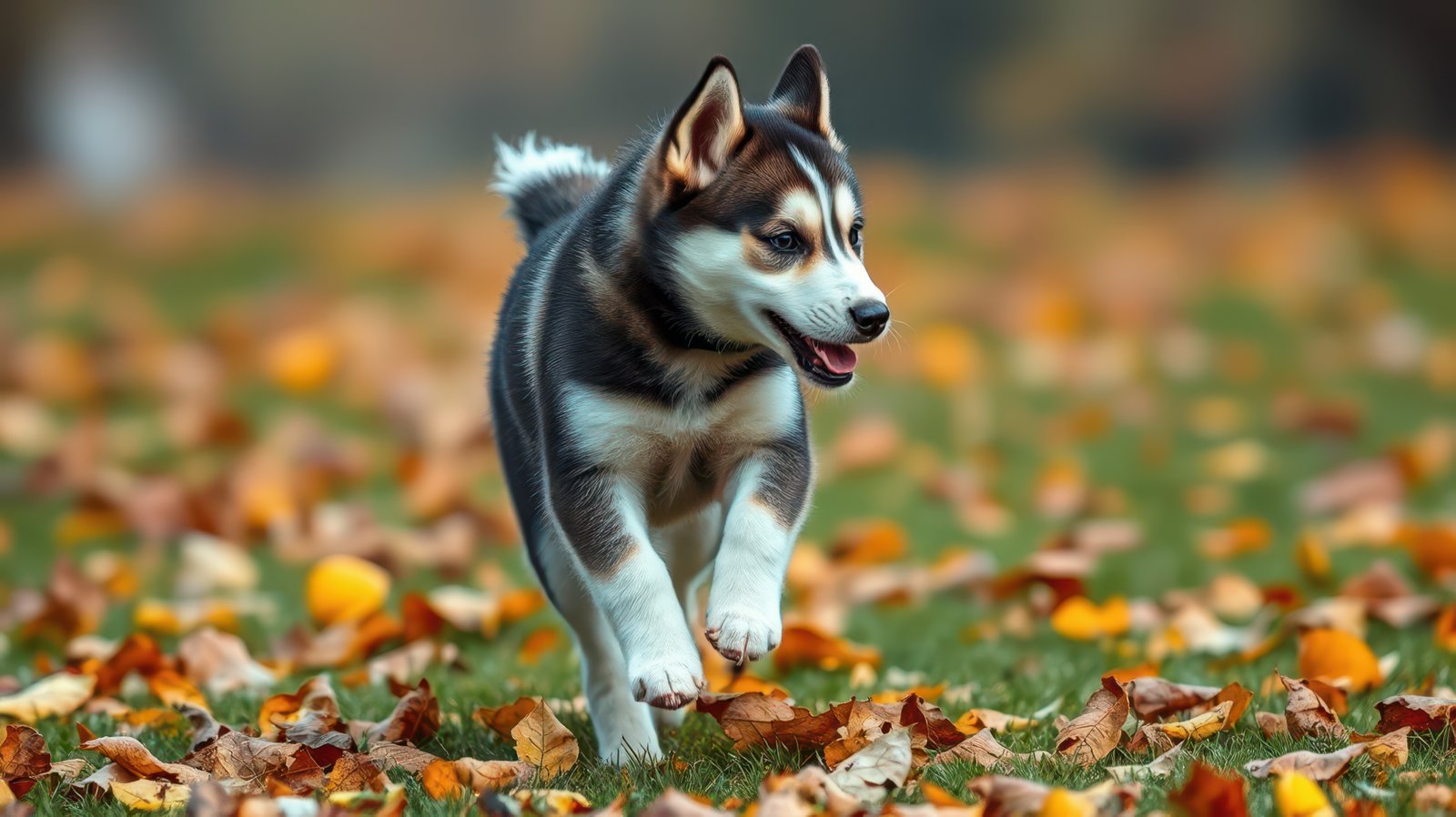 Playful husky puppy runs joyfully through fallen autumn leaves in the park during a sunny day